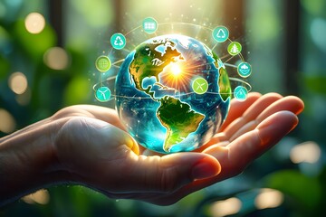 Hands holding a glowing earth with digital icons symbolizing global connectivity