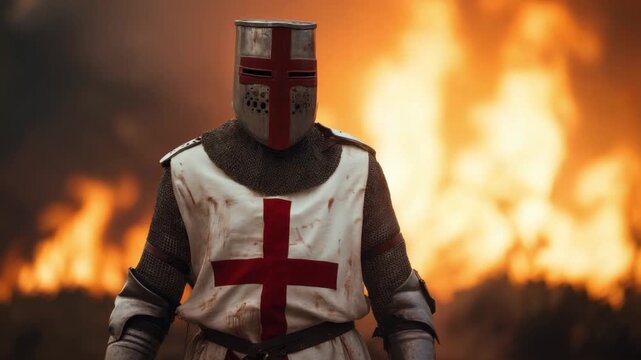 Medieval Crusader knight in historical armor with a Great Helm and a red cross surcoat stands before large orange flames