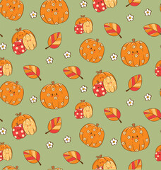 Kawaii Autumn Seamless Pattern with Hand Drawn Doodle Style Pumpkins, Leaves and Flower, Cute Fall Pattern, Halloween pattern for kids, Fabric seamless pattern