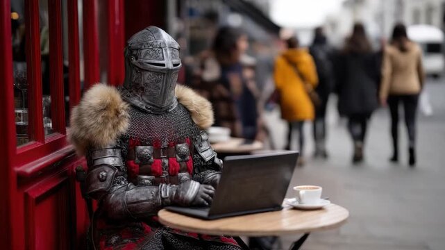Armored knight at outdoor cafe table typing on laptop Coffee cup on table Blurred city street with pedestrians