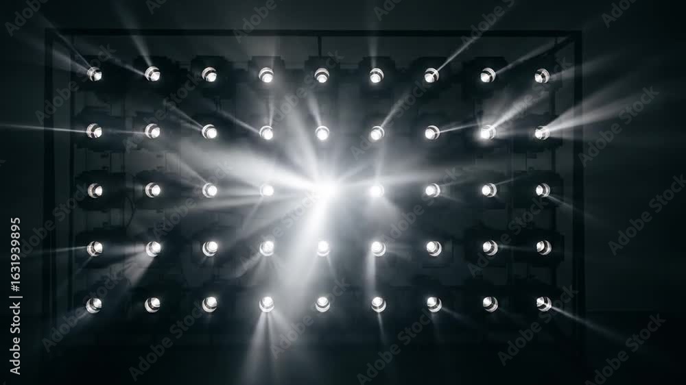 Poster array of spotlights with bright beams in dark room industrial stage lighting with glowing effect abs