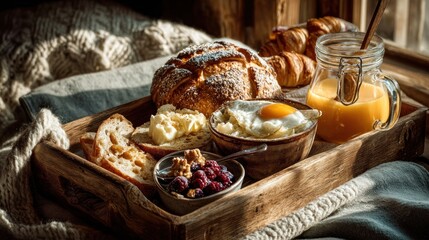 Rustic morning: Gourmet breakfast tray with artisanal bread and accompaniments