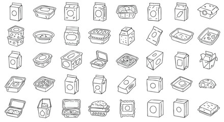 A collection of various food containers and packaging, including boxes, trays, and cartons, displayed in a neat grid pattern.