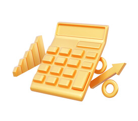 Gold calculator with percentage and growth arrow business investment financial on isolated background. Accounting tax payment grow profit economic. 3d render illustration