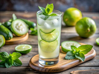 A refreshing glass of a healthy cucumber lime mint cooler on a wooden table