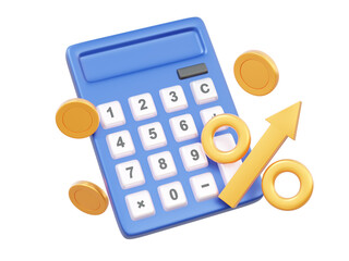 Calculator with coins grow arrow percentage isolated on transparent background. Accounting income growth business investment fund financial economy. 3d render illustration