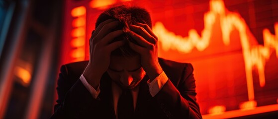 The distressed businessman overwhelmed by financial market fluctuations and pressures.