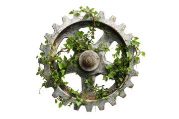 Vintage gear with greenery isolated on transparent background