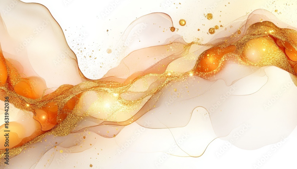 Poster fluid gold and beige watercolor backdrop with bokeh, elegant abstract patterns for designs