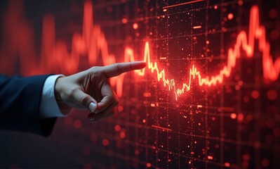 A business hand points at a volatile red line graph on a digital screen, symbolizing market fluctuations and financial analysis.