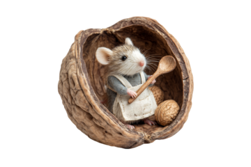 Cute mouse in walnut shell with spoon isolated on transparent background