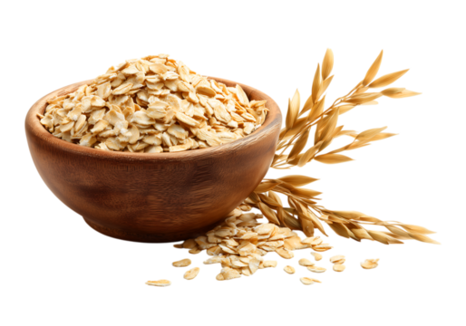 A bowl of oats with some oats spilling out, Healthy breakfast isolated on a transparent background