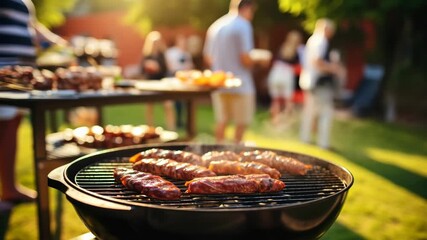 Close-up, low-angle shot of a barbecue grill with sizzling meats, capturing a vibrant outdoor gathering, perfect for a summer video scene.