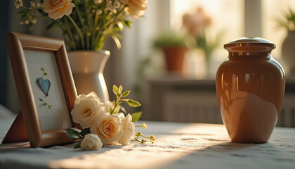 Urn with keepsakes displayed near roses and a framed picture creates a memorial, urn with keepsakes for remembrance. Light illuminates urn with keepsakes, delicate roses, and framed heart.