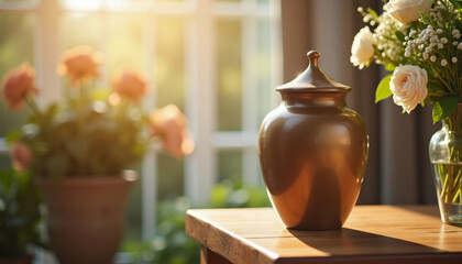 Urn with ashes as a symbolic remembrance on wooden table near flowers. Ashes urn represents lasting memory, evoking peace and reflection. Memorial urn with ashes for funeral service announcement.