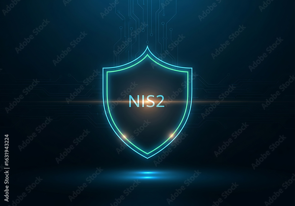 Poster abstract illustration of the nis2 cybersecurity directive with glowing shield and circuitry