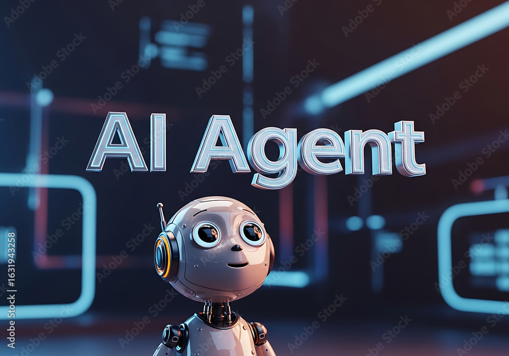 Poster adorable ai agent smiling in futuristic cyberpunk background with illuminated text