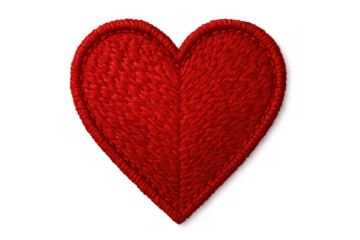 Embroidered red heart representing romantic feelings, symbolizing love with delicate stitching on clean transparent background