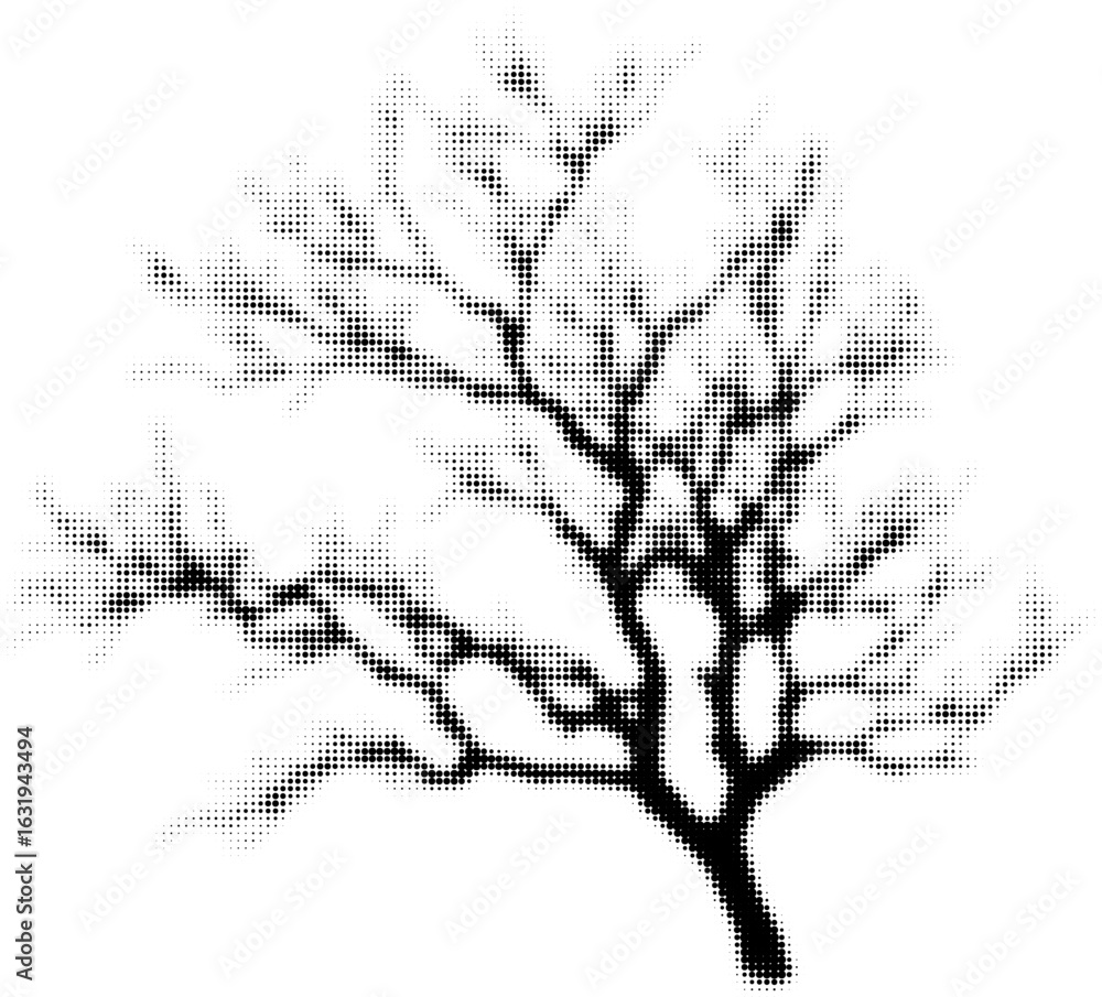 Poster silhouette of a bare tree with textured dots in black and white print style
