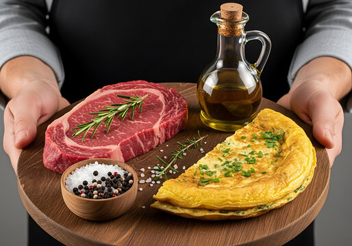Chef presenting delicious ribeye steak omelet with herbs and seasoning on wooden tray