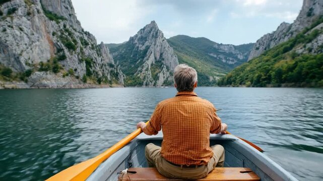 Man rowing in a lake at scenic view: a man rows a boat with a beautiful scene around the lake with a majestic mountains view in the background.