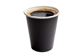 Black coffee cup with coffee isolated on transparent background