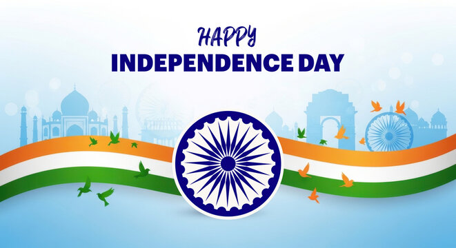 Celebrate India's Independence Day August 15th with this vibrant design featuring national colors and iconic landmarks, conveying freedom, unity, and patriotic spirit