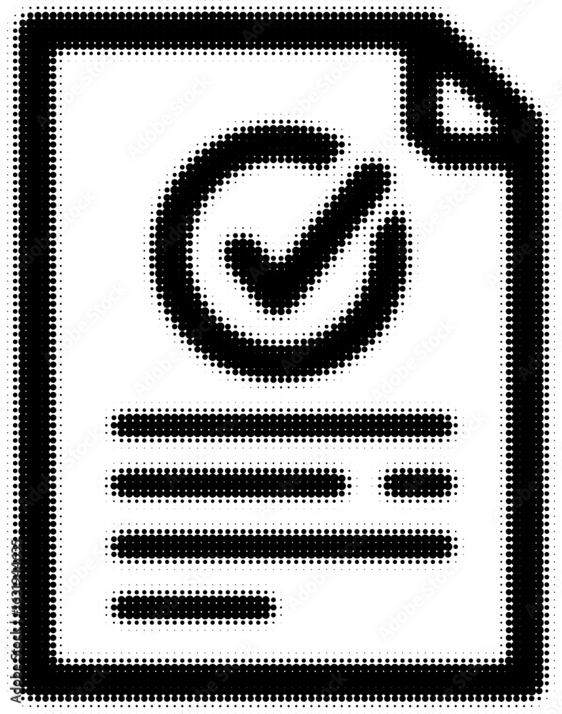 Poster black checkmark on document icon in halftone style symbolizing approval