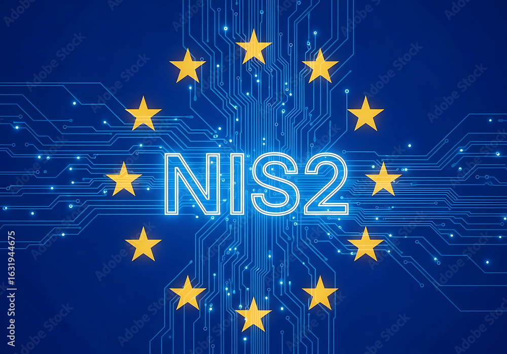 Poster nis2 cyber security directive represented with european union flag and circuit board design