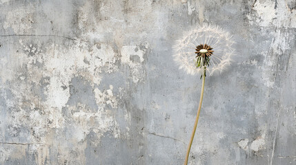 A dandelion stands against a weathered gray wall