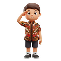 A 3D rendered cartoon boy in traditional batik shirt, saluting. isolated on a transparent background, png, cutout