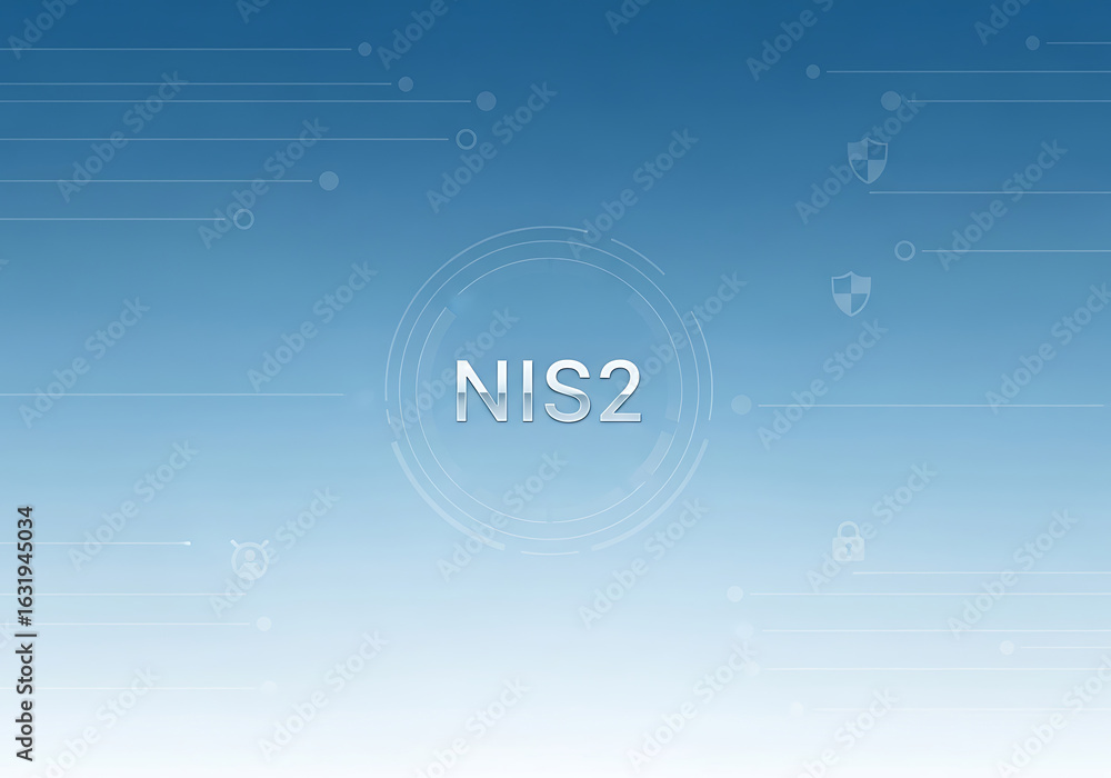 Poster nis2 directive illustration with security shields and data flow elements on a blue background