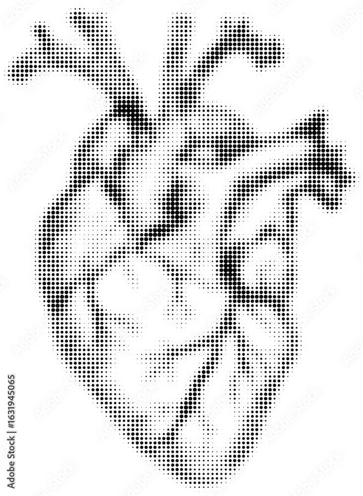 Poster abstract pixelated heart rendering in black and white with dotted details