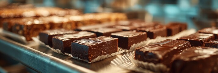 Delicious fudge displayed on trays in a candy shop during a busy afternoon, inviting customers to indulge in sweet treats