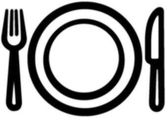Dining set with plate, fork, and knife in black and white icon style