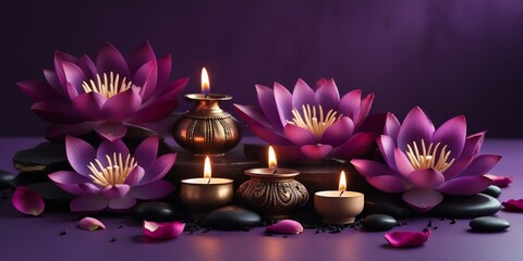Tranquil Diwali Ambiance with Glowing Diyas, Lotus Flowers, and Soft Petals on a Royal Purple Background | AI-Generated