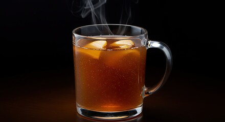 Steaming Hot Tea in Clear Glass Mug with Lemon on Dark Background