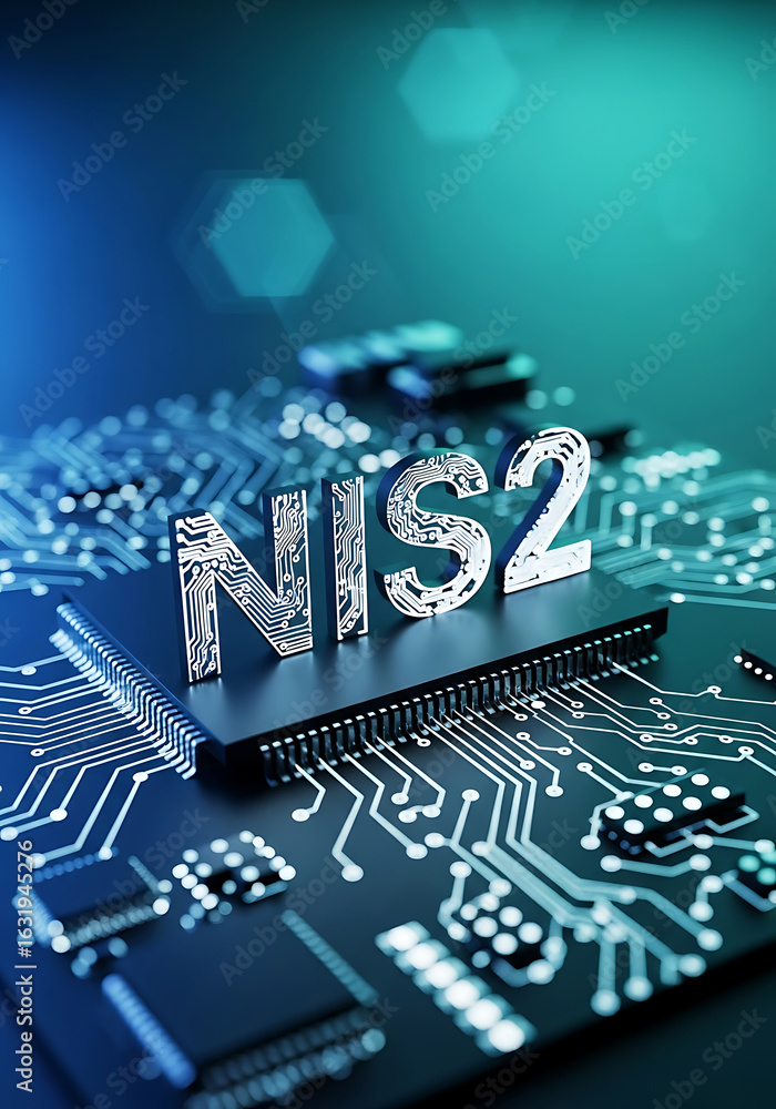 Poster symbolic illustration of the nis2 directive represented on a modern computer circuit board