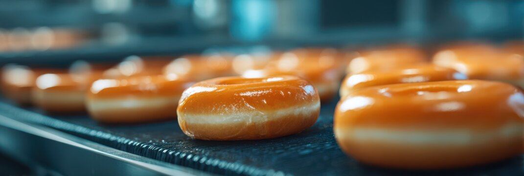 Freshly glazed donuts produced in a modern bakery during morning hours