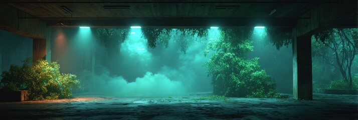 Mysterious abandoned parking structure shrouded in fog and illuminated by green lights at night