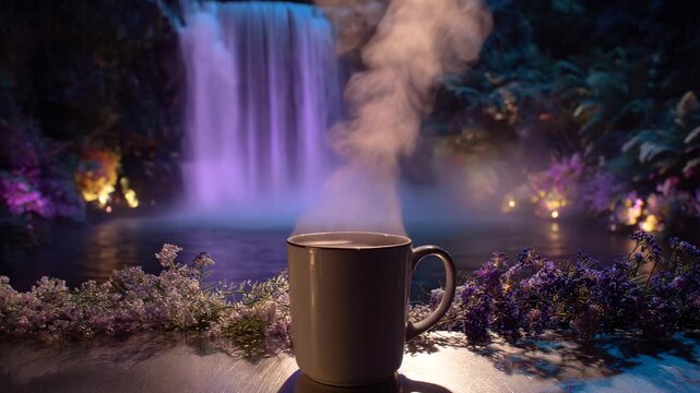 Serene night scene steaming mug rests on a table before a softly lit waterfall and lush foliage. Purple and blue hues illuminate the tranquil scene.
