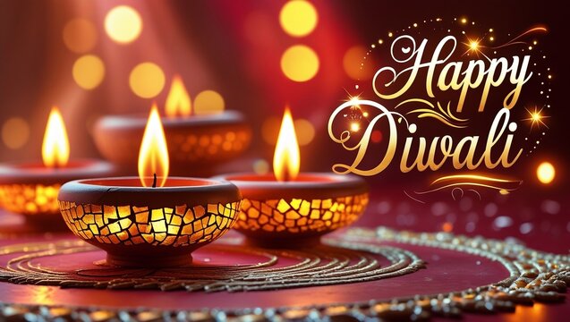 Radiant Diwali Glow with Artistic Mosaic Diyas and Sparkling Bokeh on Ornate Mat – Elegant Indian Festival Scene | AI-Generated