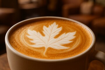 Elegant maple leaf latte art in a white mug against a cafe backdrop
