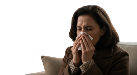 Woman blowing her nose with a tissue isolated on transparent background
