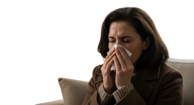Woman blowing her nose with a tissue isolated on transparent background