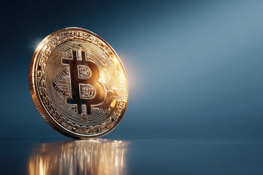 A single bitcoin coin on a reflective surface and blue background