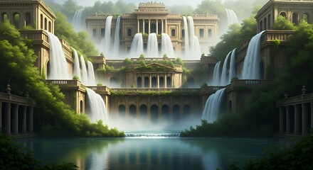 幻想的な古代遺跡 滝が流れ落ちる美しい庭園
