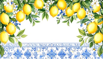 Watercolor Lemon Border Design with Mediterranean Tile Pattern Background Image