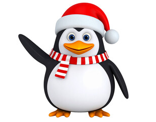 Fototapeta premium Festive Penguin with Santa Hat and Scarf, Waving Pose, 3D Style