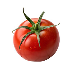 Single ripe red tomato with green stem isolated on transparent background
